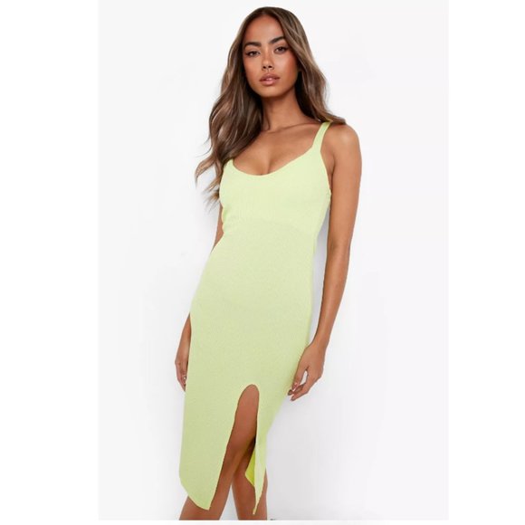 BOOHOO LIME STRAPPY SIDE SPLIT RIB MIDI DRESS SIZE 8 - Picture 1 of 3